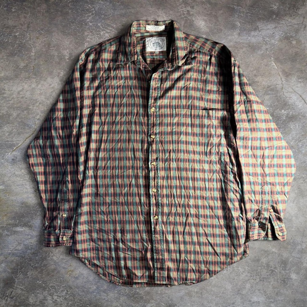 Vintage John Ashford Sport Plaid Flannel Shirt Mens Medium Green Burgundy Cotton